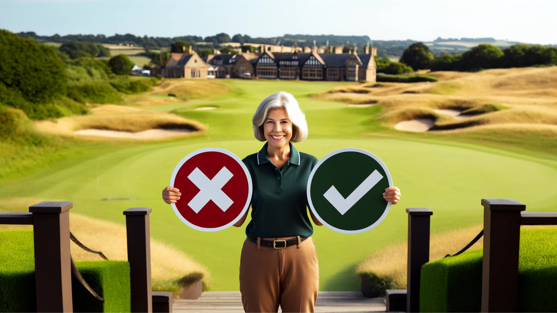 golf club membership manager holding up pros and cons signs