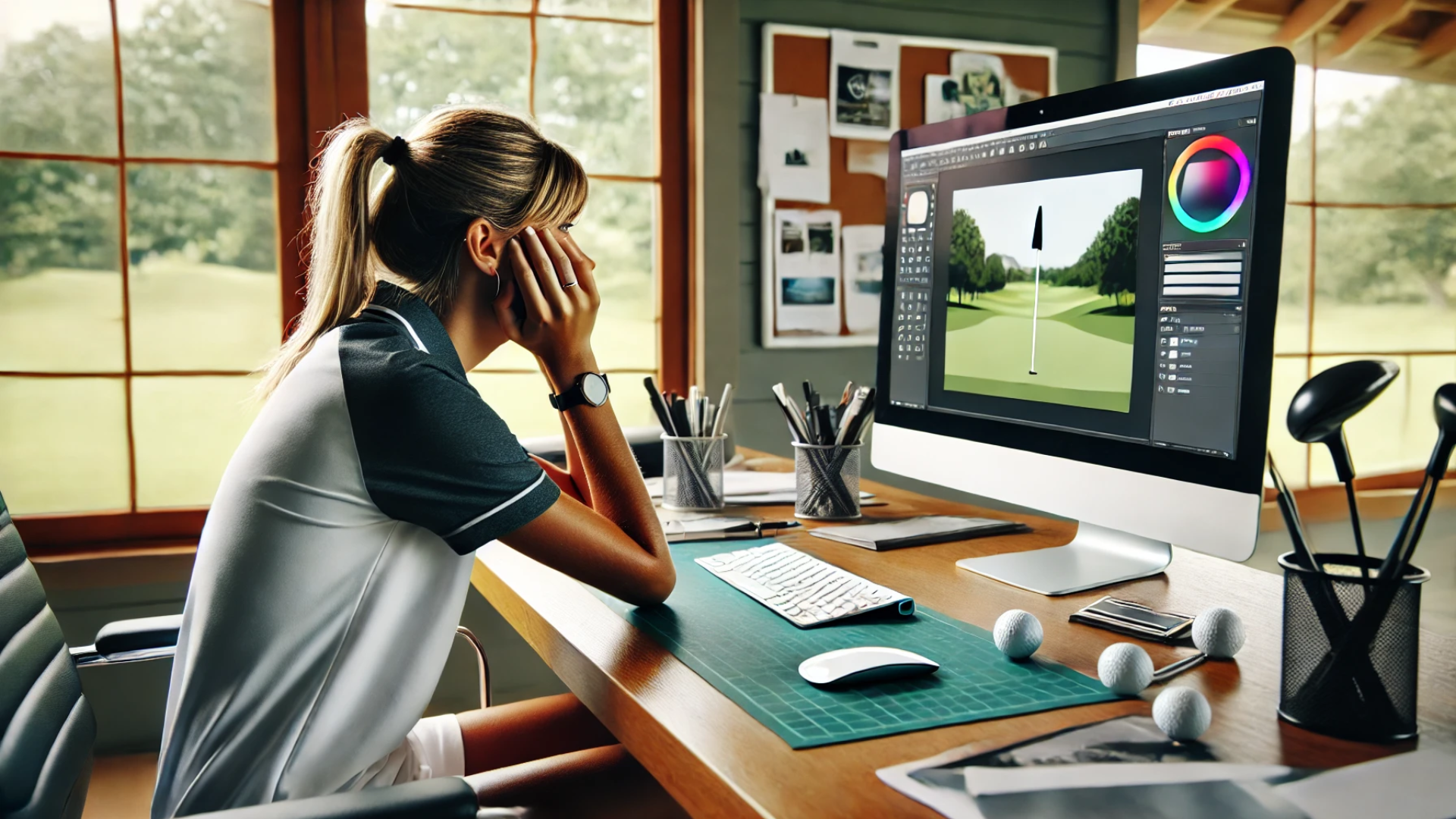 A golf club manager looking blankly at their computer whilst trying to do marketing