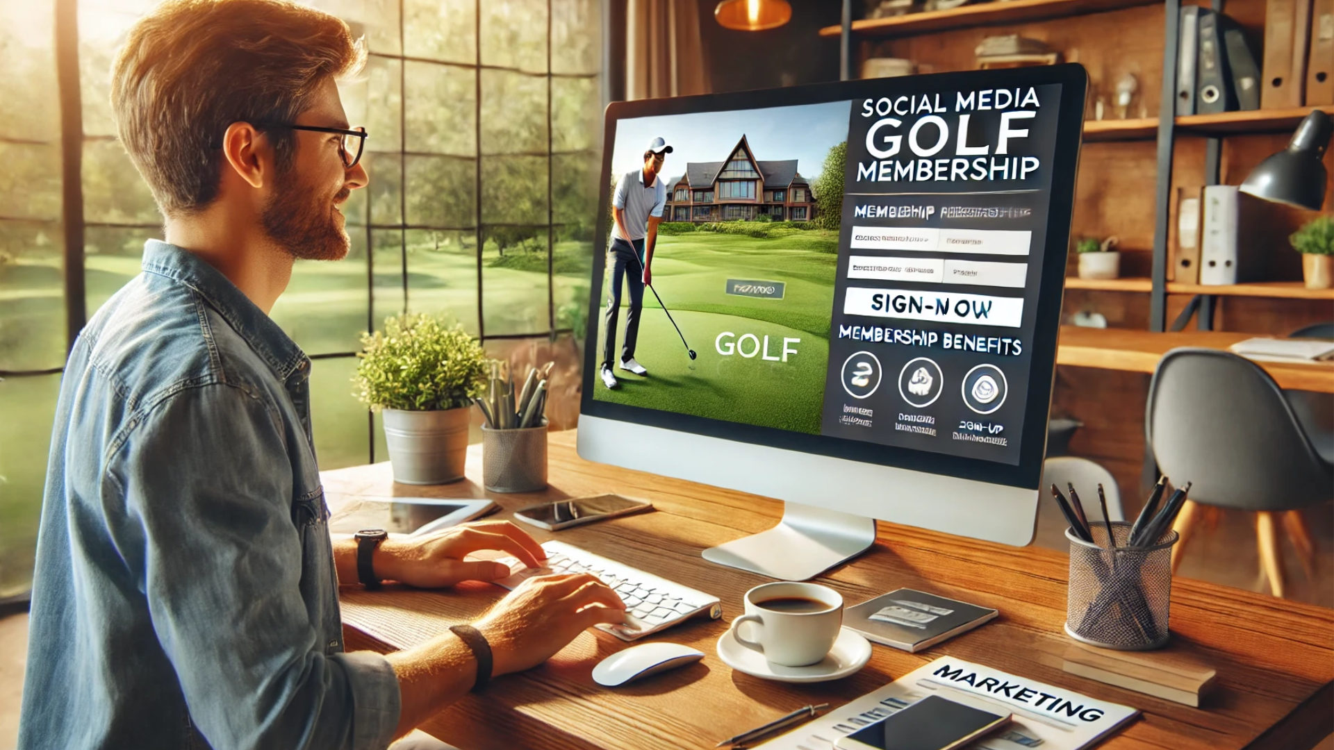 golf marketer working on a paid social media membership campaign