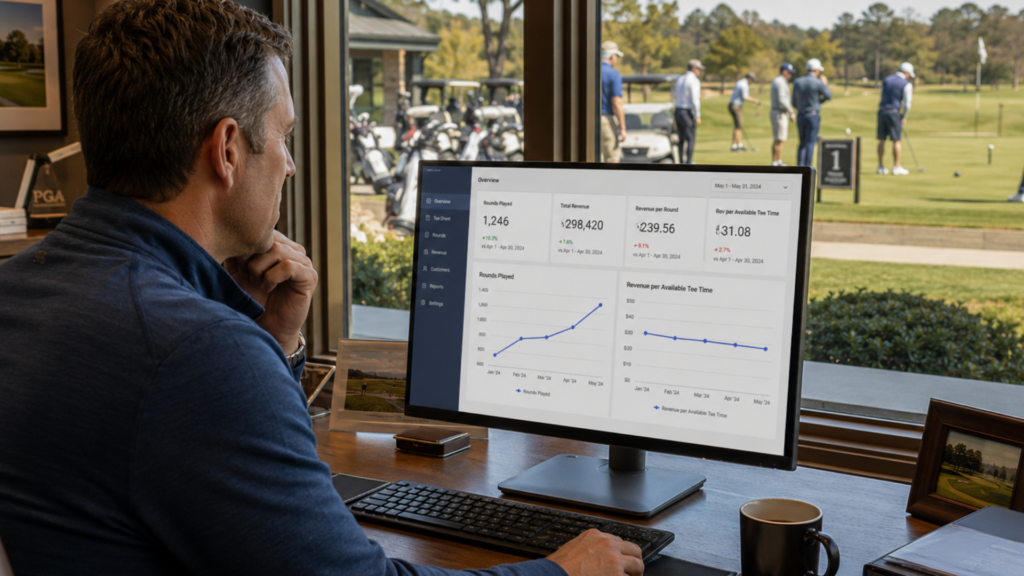 golf club manager looking at their tee sheet report for more revenue