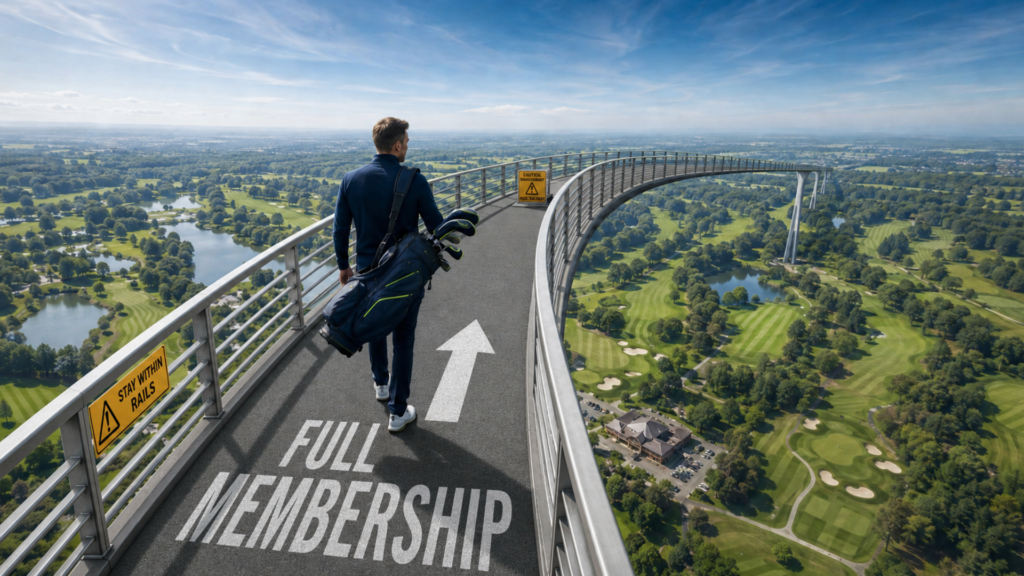 golf walking on protected bridge to full membership